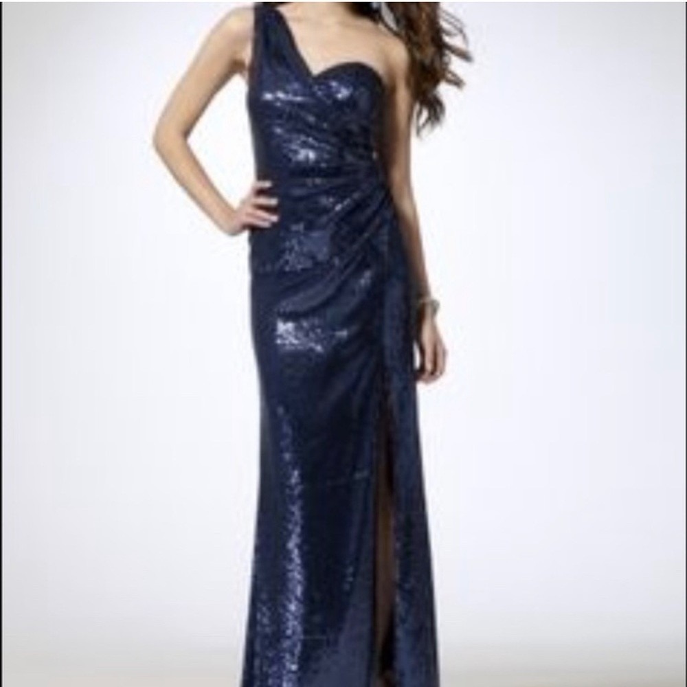 Cache Navy Blue Sequin One Shoulder Gown Side Slit Formal Dress Size 2